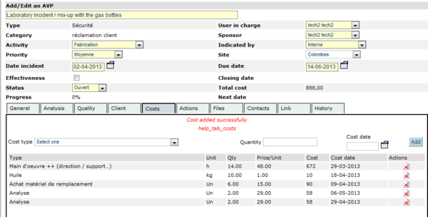 Cost tab for non-quality